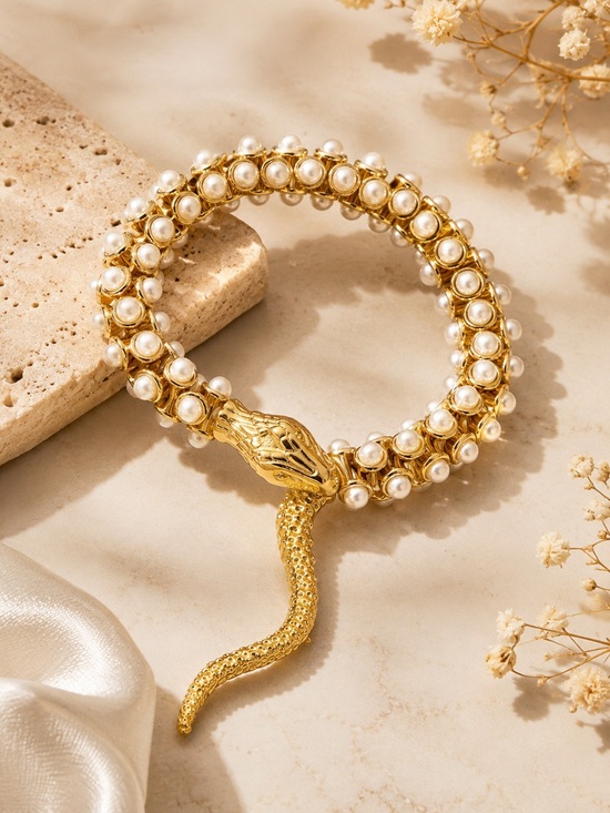 Anthropologie Jewelry - Luxury Snake Pearl Cuff Wrap Boho Glam Bracelet